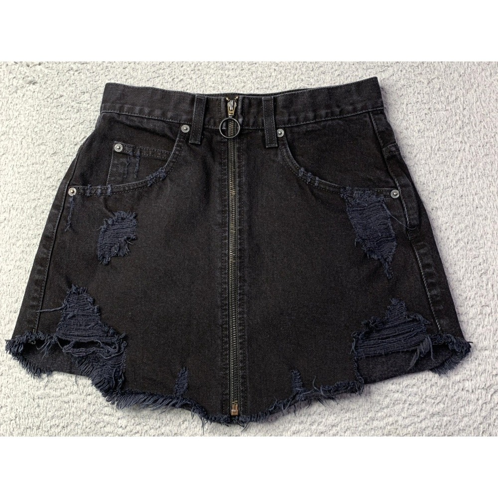 Carmar Skirt Womens 26 Black Denim Skirt With Zipper in Front Distressed Raw Hem